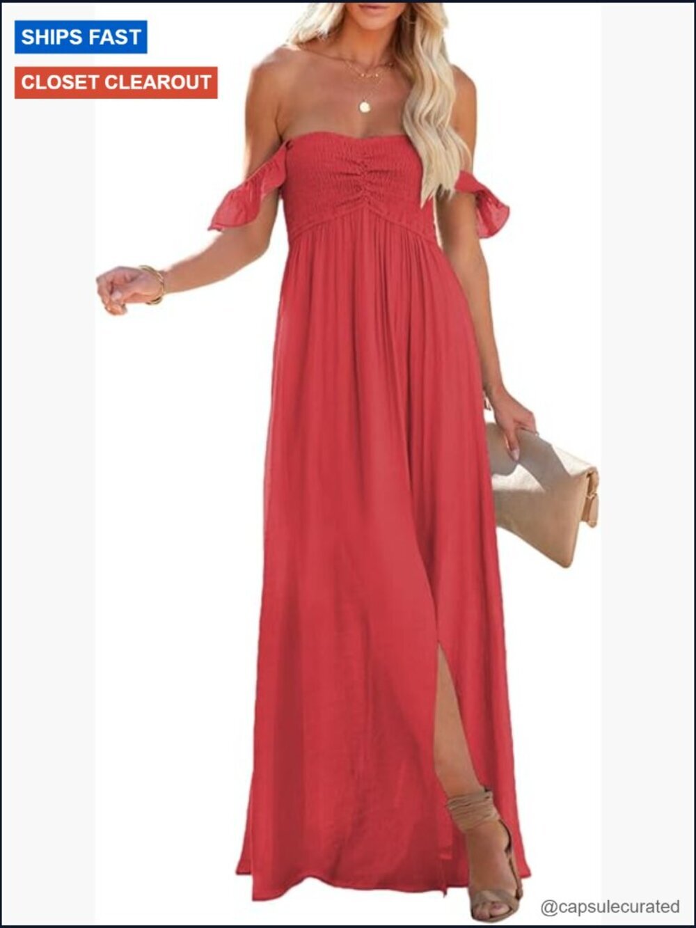 Off Shoulder Maxi Dress Ruffle Sleeve Side Slit Sundress Smocked A-Line